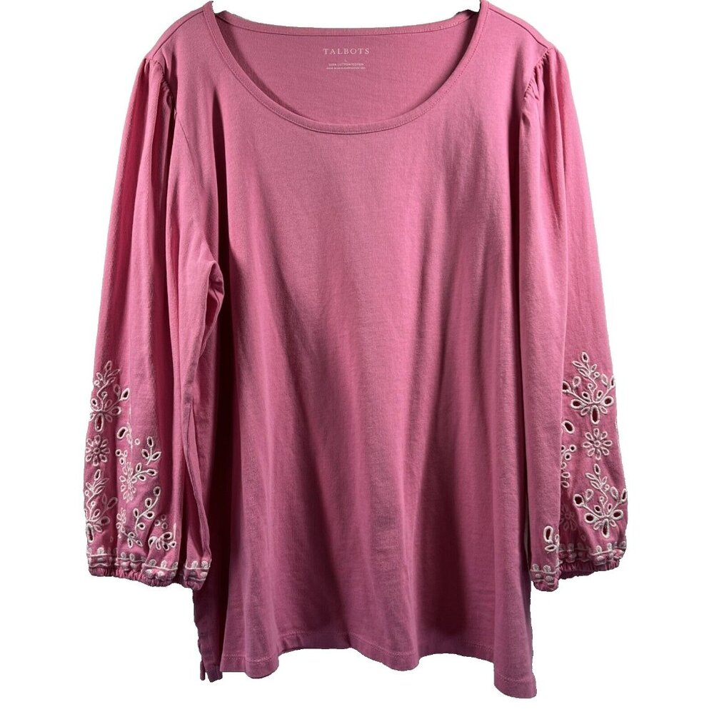 Talbots Womens Pink Cotton Eyelet Puff 3/4 Sleeve Pullover Top Large